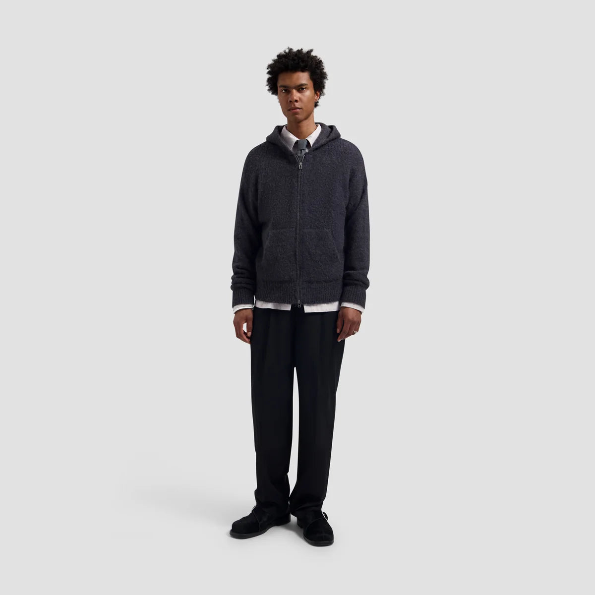 OLAF HUSSEIN  ZIP KNITTED HOODIE - CHARCOAL