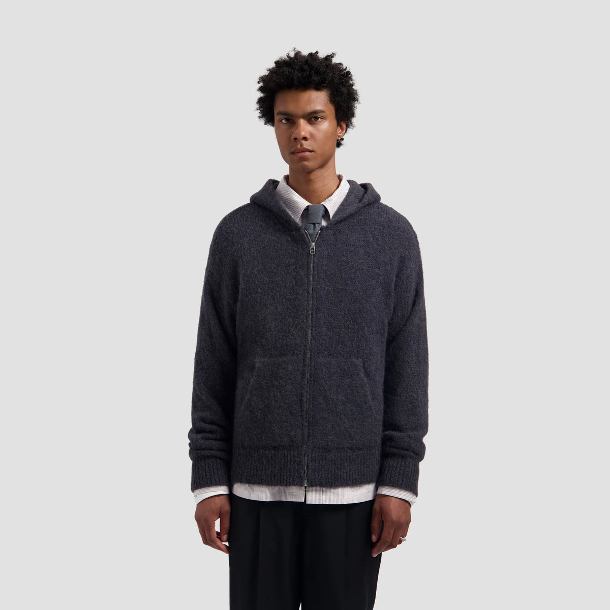 OLAF HUSSEIN  ZIP KNITTED HOODIE - CHARCOAL